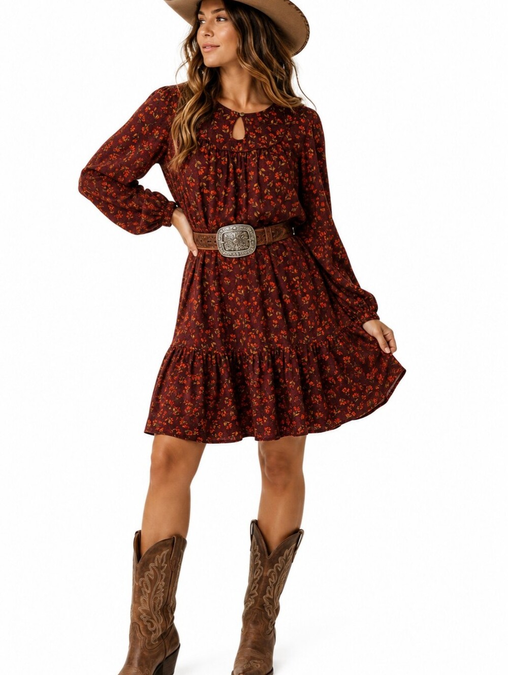 Sonoma Floral Babydoll Dress Burgundy Boho Cottage Western Prairie Midi SZ:LRG